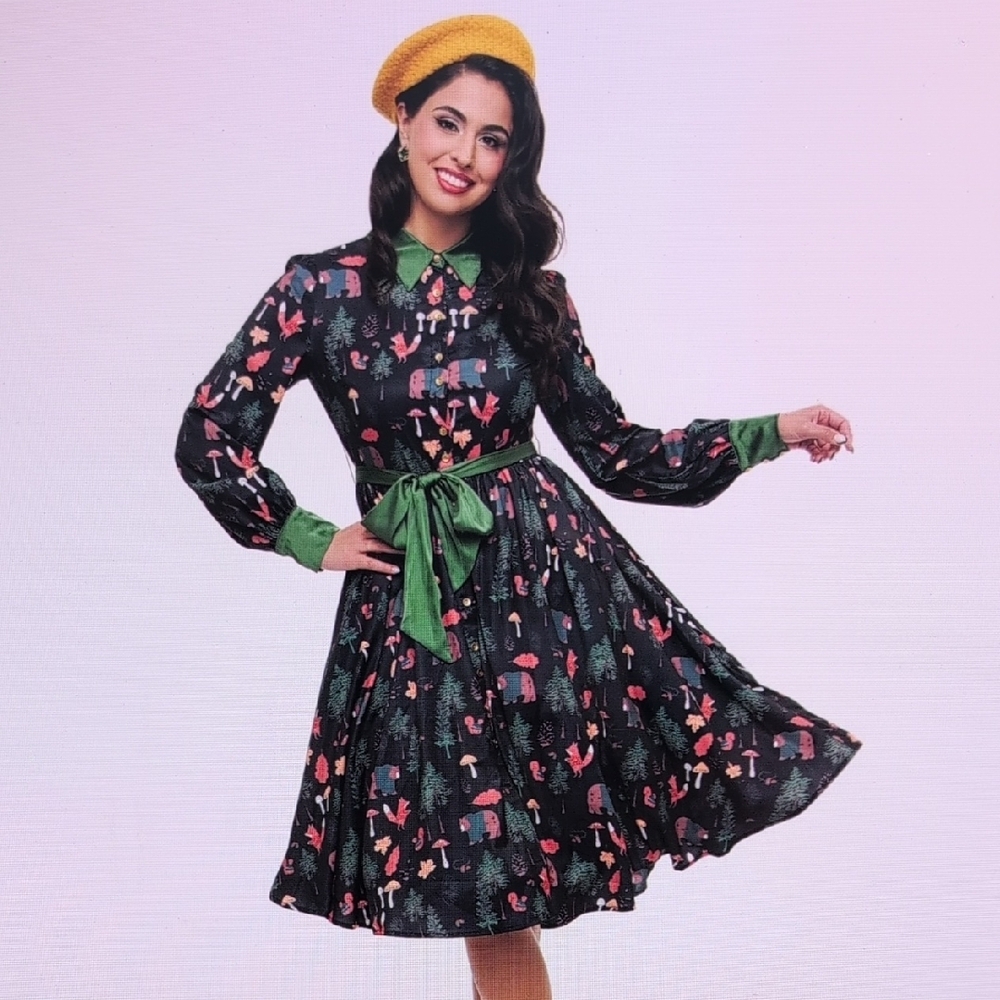 Unique Vintage Green and Black Casual Sundress with Peter Pan Collar